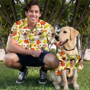 Custom Hawaiian Shirt With Pet Face | Personalized Gift For Pet Lovers | Leaves Pattern Cream Color Aloha Shirt