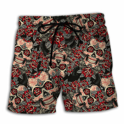 Sugar Skull Red Floral - Beach Short - Owl Ohh - Owl Ohh
