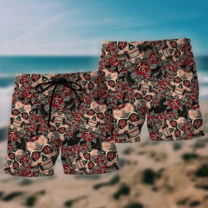 Sugar Skull Red Floral - Beach Short - Owl Ohh - Owl Ohh