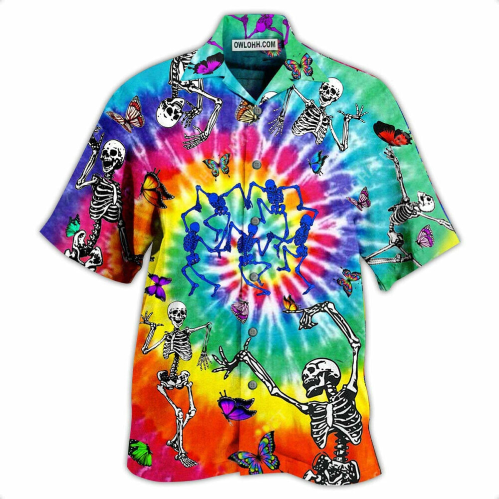 Hippie Skull Dancing With Butterfly Funny - Hawaiian Shirt - Owl Ohh - Owl Ohh
