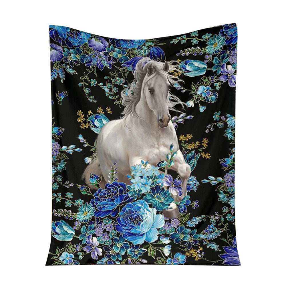 Horse Blue Floral So Cool So Lovely - Flannel Blanket - Owl Ohh - Owl Ohh