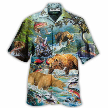 Hunting Animals Amazing Salmon Hunting With Bear - Hawaiian Shirt - Owl Ohh - Owl Ohh
