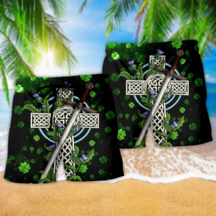 Irish Celtic Cross Irish By Blood Green - Beach Short - Owl Ohh - Owl Ohh