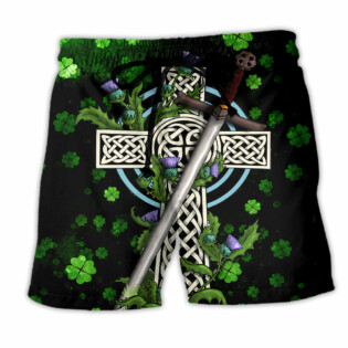 Irish Celtic Cross Irish By Blood Green - Beach Short - Owl Ohh - Owl Ohh