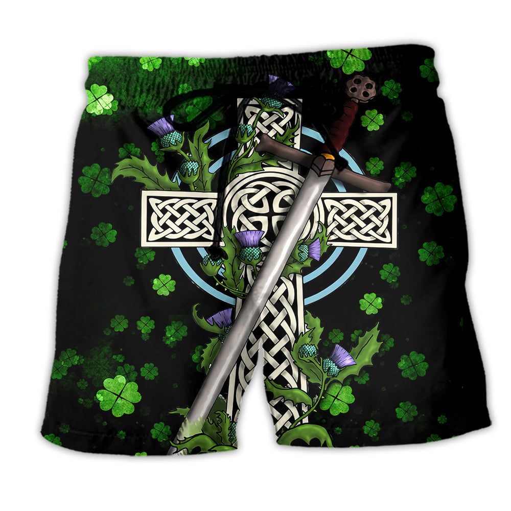 Irish Celtic Cross Irish By Blood Green - Beach Short - Owl Ohh - Owl Ohh