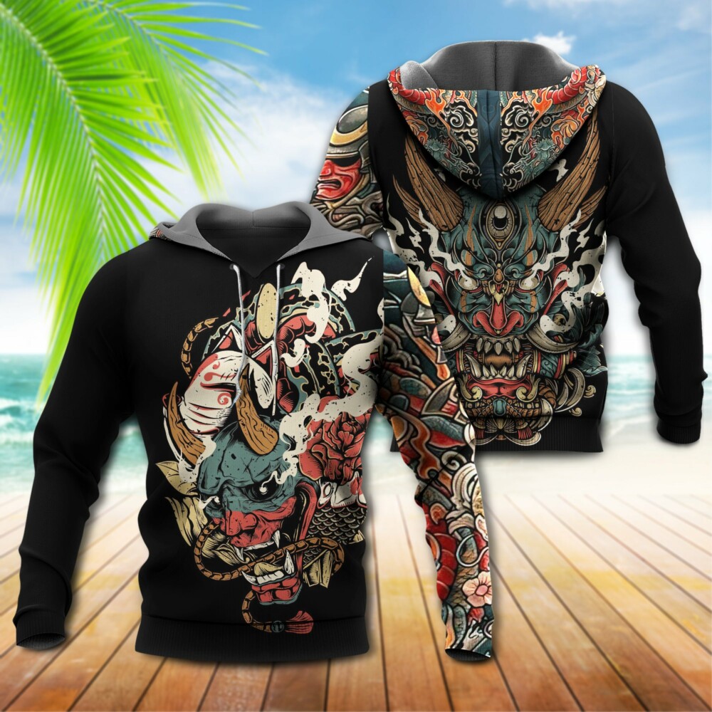 Japan Culture Oni Mask Tattoo Colorful - Hoodie - Owl Ohh - Owl Ohh