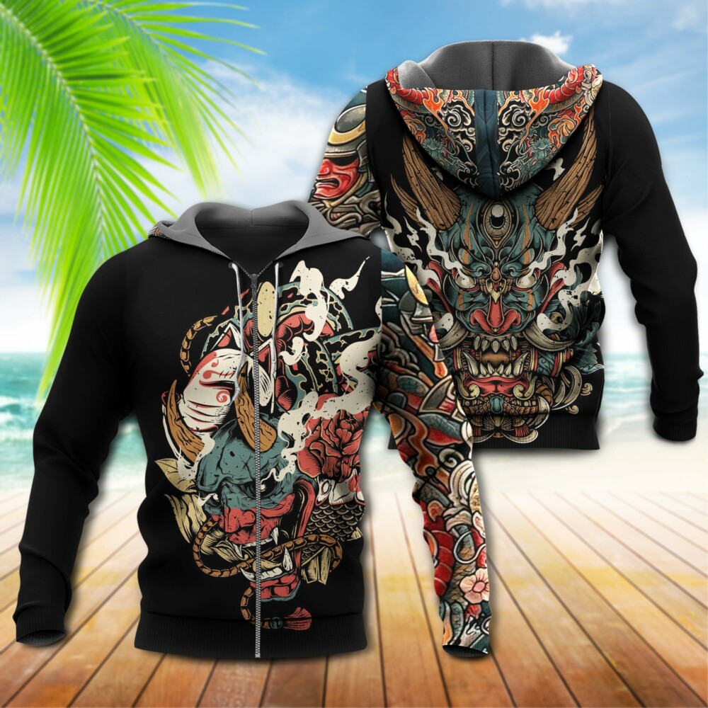 Japan Culture Oni Mask Tattoo Colorful - Hoodie - Owl Ohh - Owl Ohh