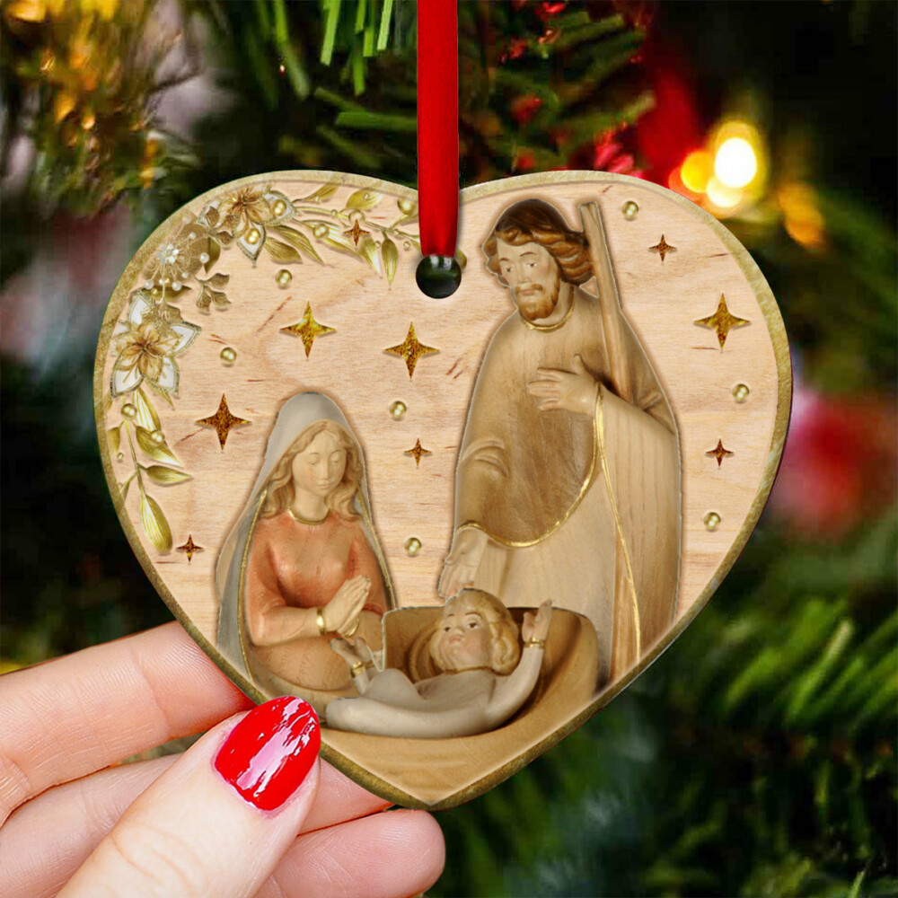 Jesus Nativity Wooden Style - Heart Ornament - Owl Ohh - Owl Ohh