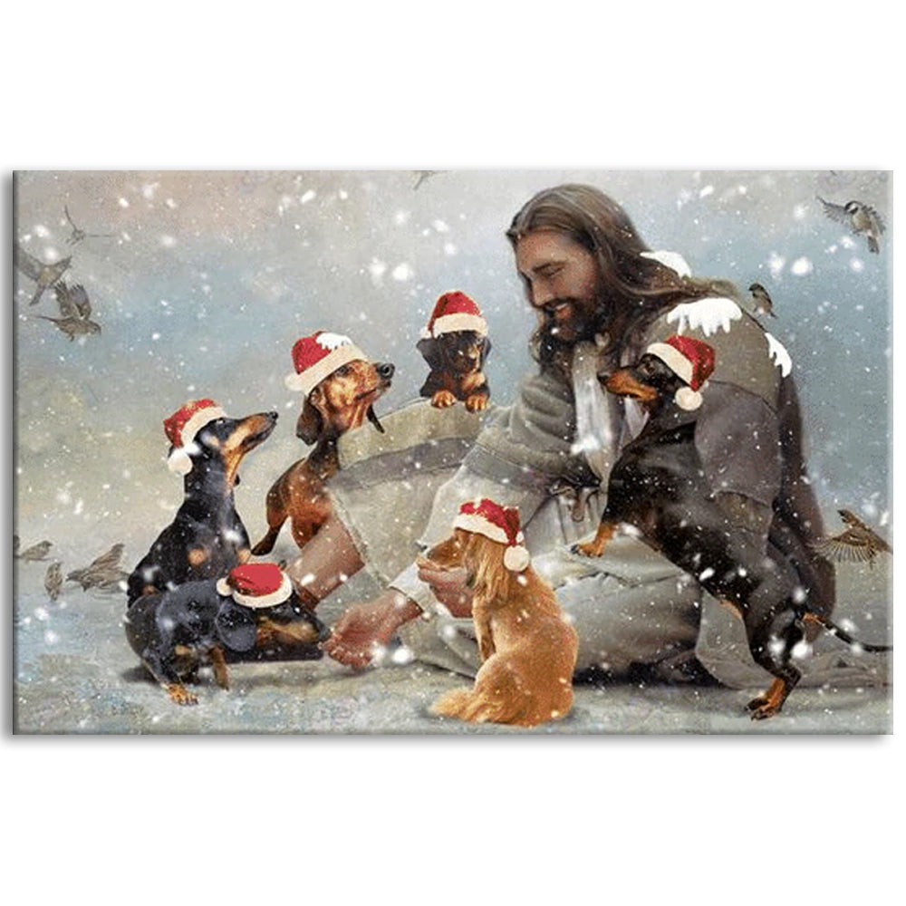 Jesus And Dachshund Christmas - Horizontal Poster - Owl Ohh - Owl Ohh