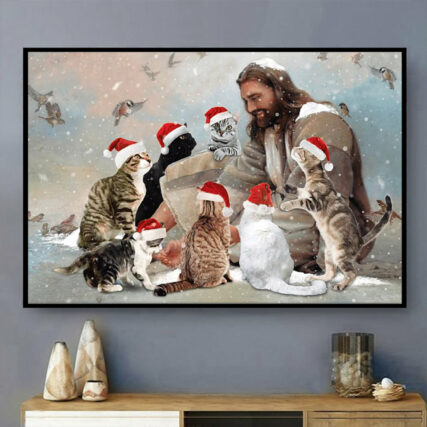 Jesus Surrounded By Cat Angels Christmas - Horizontal Poster - Owl Ohh - Owl Ohh