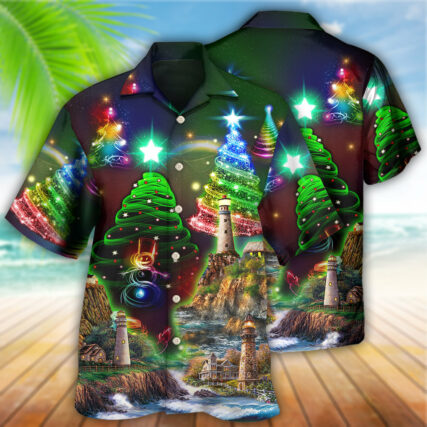 Lighthouse And Merry Christmas Happy - Hawaiian Shirt - Owl Ohh for men and women, kids - Owl Ohh