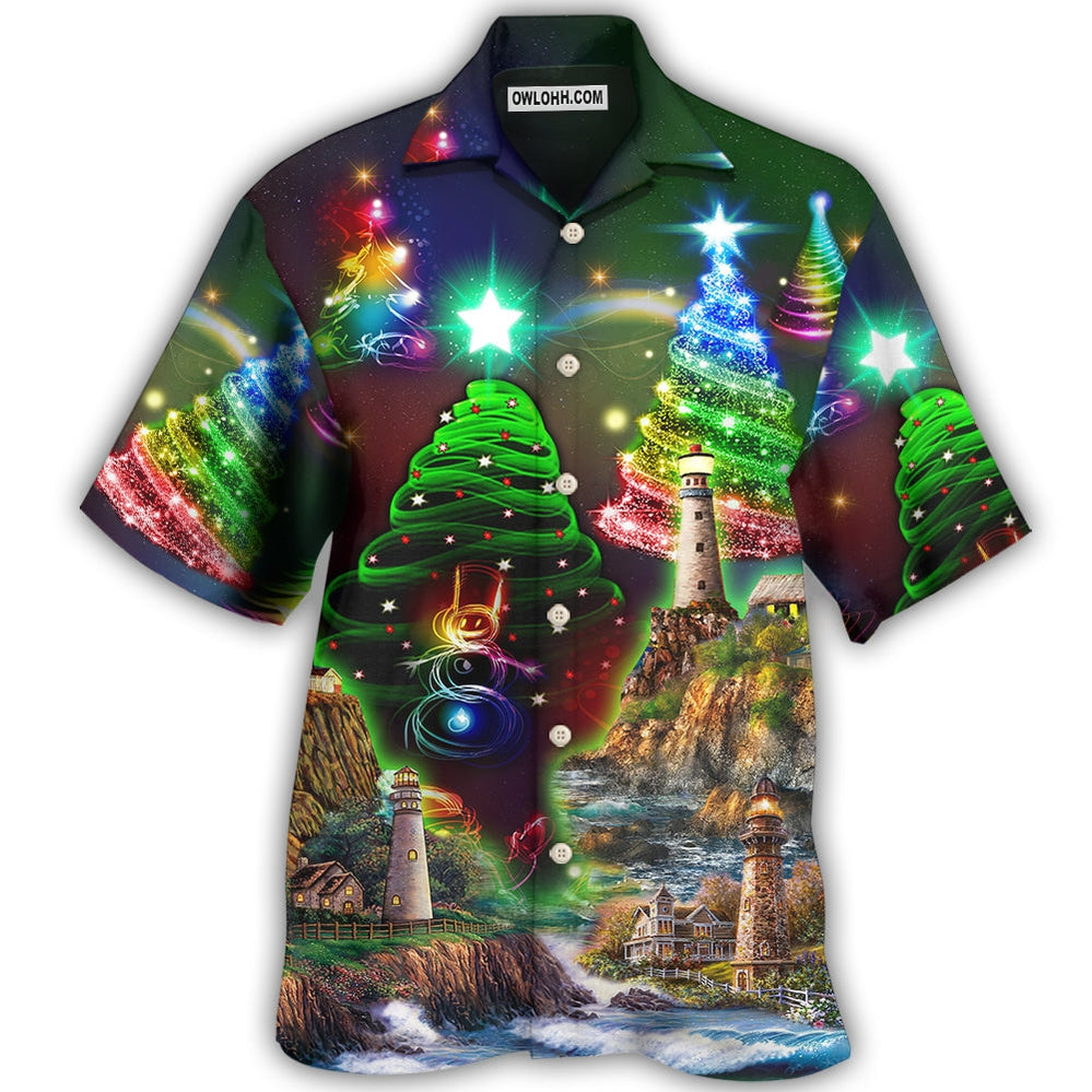 Lighthouse And Merry Christmas Happy - Hawaiian Shirt - Owl Ohh for men and women, kids - Owl Ohh
