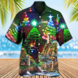 Lighthouse And Merry Christmas Happy - Hawaiian Shirt - Owl Ohh for men and women, kids - Owl Ohh