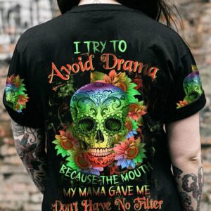 I TRY TO AVOID DRAMA TATTOOED SKULL SUNFLOWER ALL OVER PRINT - TLTW0401231
