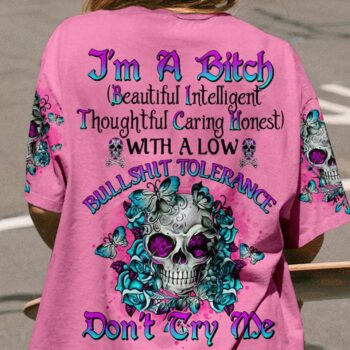 I'M A B DON'T TRY ME TATTOOED FLOWER SKULL ALL OVER PRINT - TLNO2402232