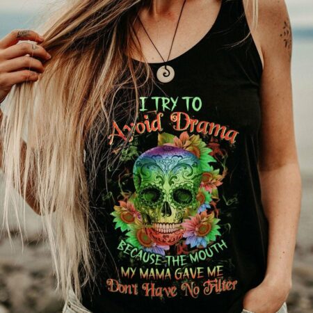 I TRY TO AVOID DRAMA TATTOOED SKULL SUNFLOWER ALL OVER PRINT - TLTW0401231
