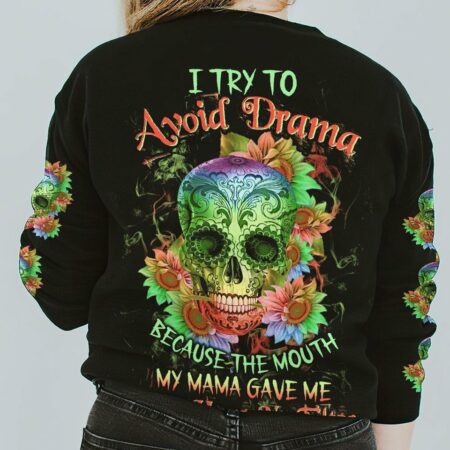 I TRY TO AVOID DRAMA TATTOOED SKULL SUNFLOWER ALL OVER PRINT - TLTW0401231