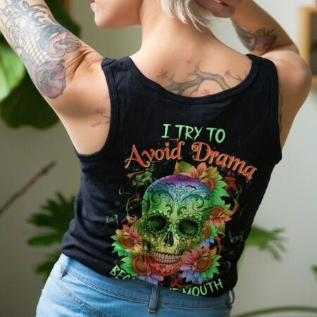 I TRY TO AVOID DRAMA TATTOOED SKULL SUNFLOWER ALL OVER PRINT - TLTW0401231