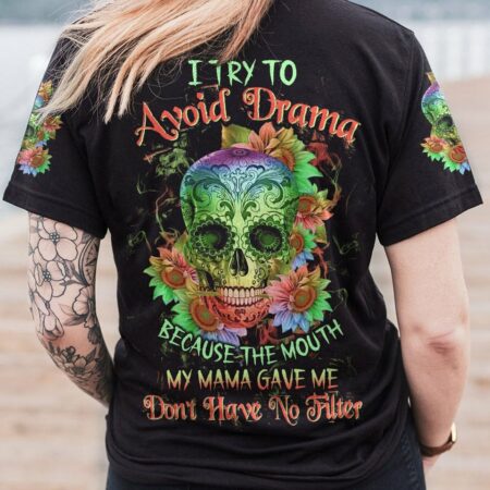 I TRY TO AVOID DRAMA TATTOOED SKULL SUNFLOWER ALL OVER PRINT - TLTW0401231