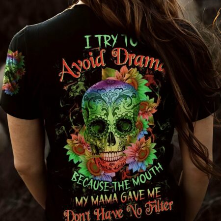 I TRY TO AVOID DRAMA TATTOOED SKULL SUNFLOWER ALL OVER PRINT - TLTW0401231