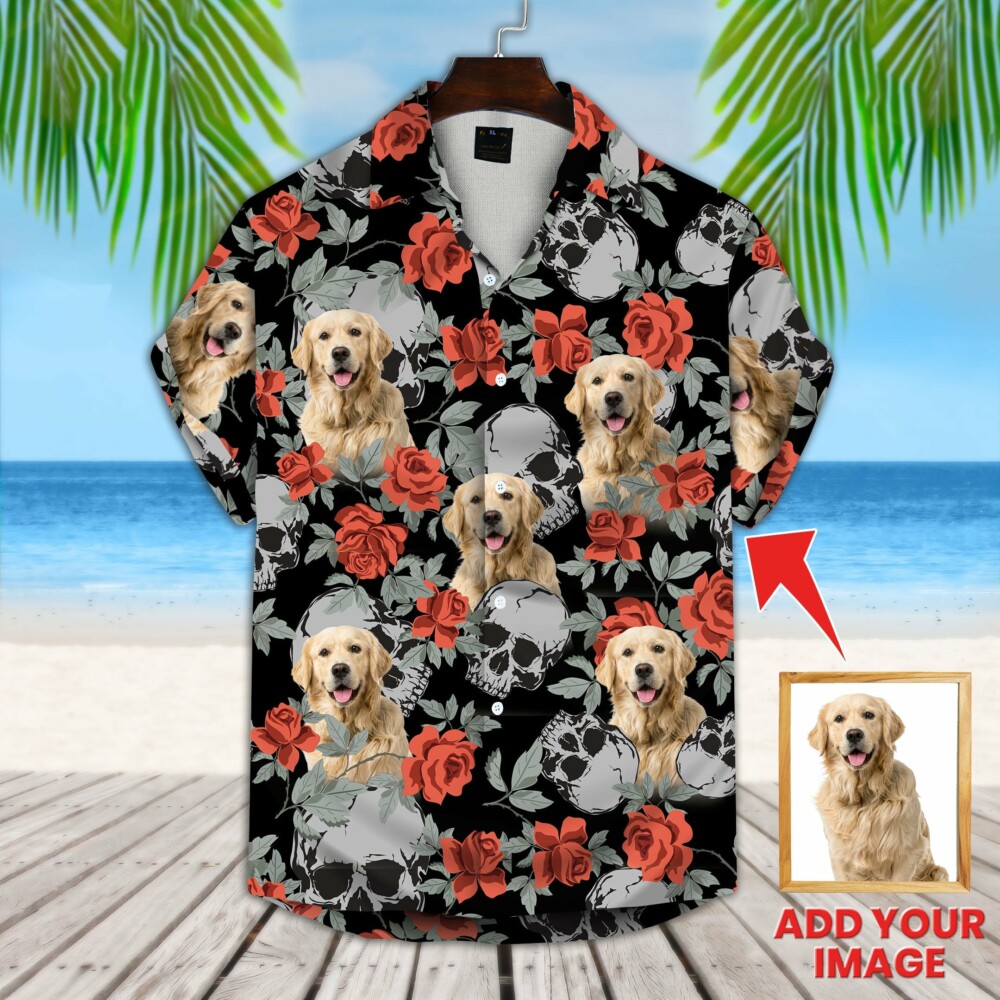 Custom Hawaiian Shirt With Pet Face | Personalized Gift For Pet Lovers | Grunge Human Skulls And Roses Pattern Aloha Shirt