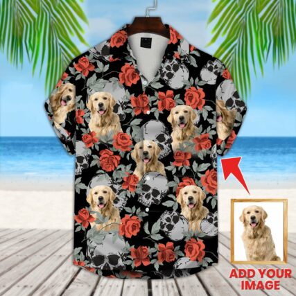 Custom Hawaiian Shirt With Pet Face | Personalized Gift For Pet Lovers | Grunge Human Skulls And Roses Pattern Aloha Shirt