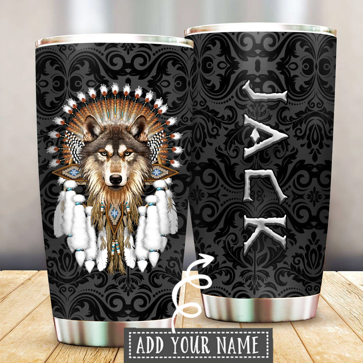 Native Wolf Dreamcatcher Black Style Personalized - Tumbler - Owl Ohh - Owl Ohh