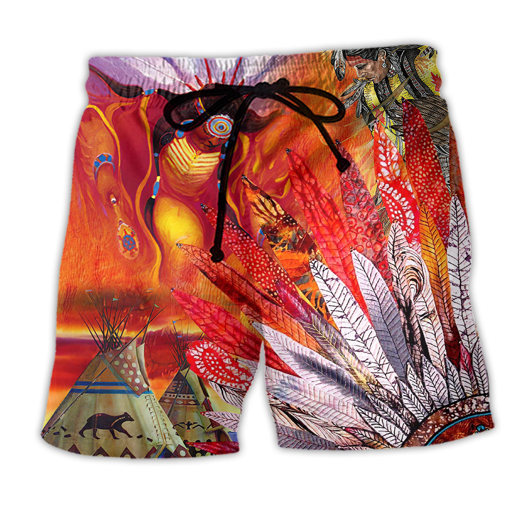 Native American Amazing With Fire Red Cool - Beach Short - Owl Ohh - Owl Ohh