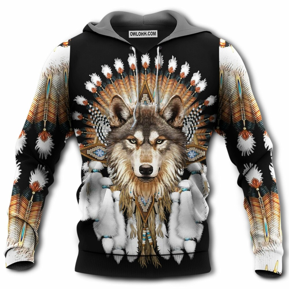 Native American Culture With Cool Wolf - Hoodie - Owl Ohh - Owl Ohh