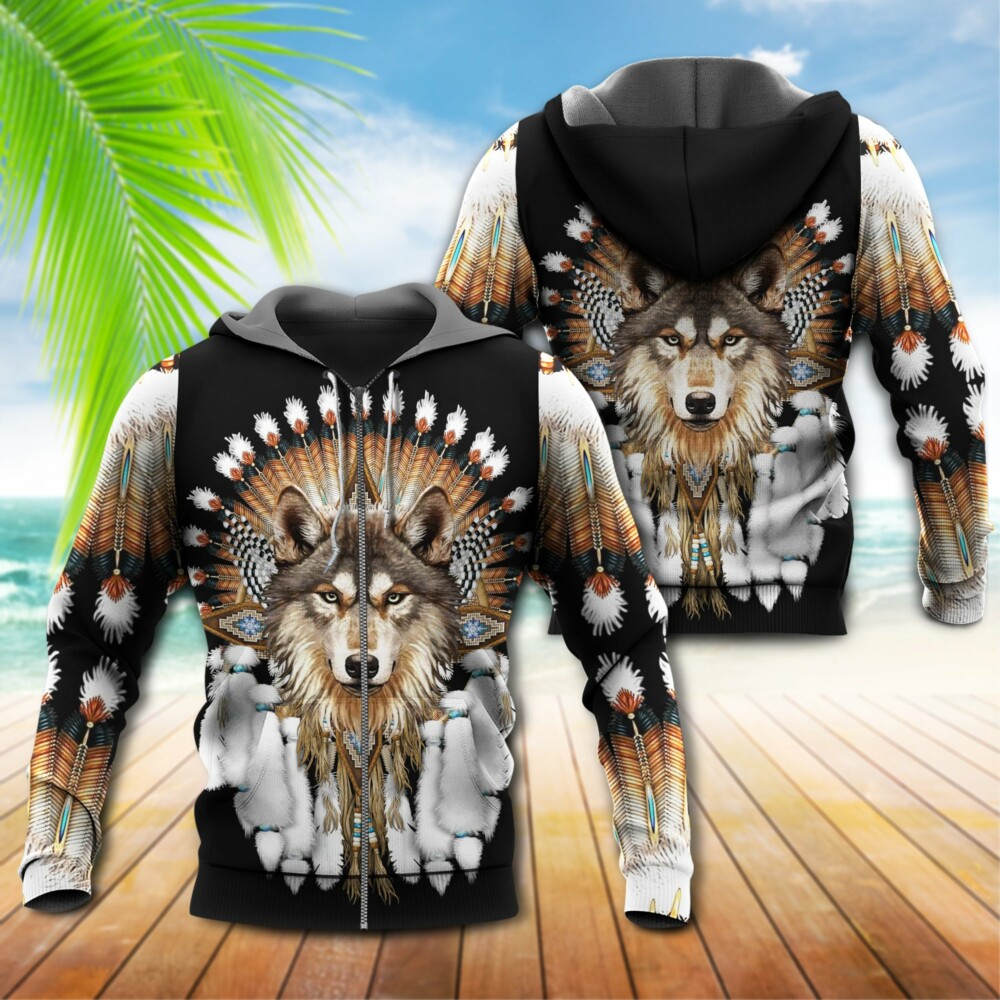 Native American Culture With Cool Wolf - Hoodie - Owl Ohh - Owl Ohh