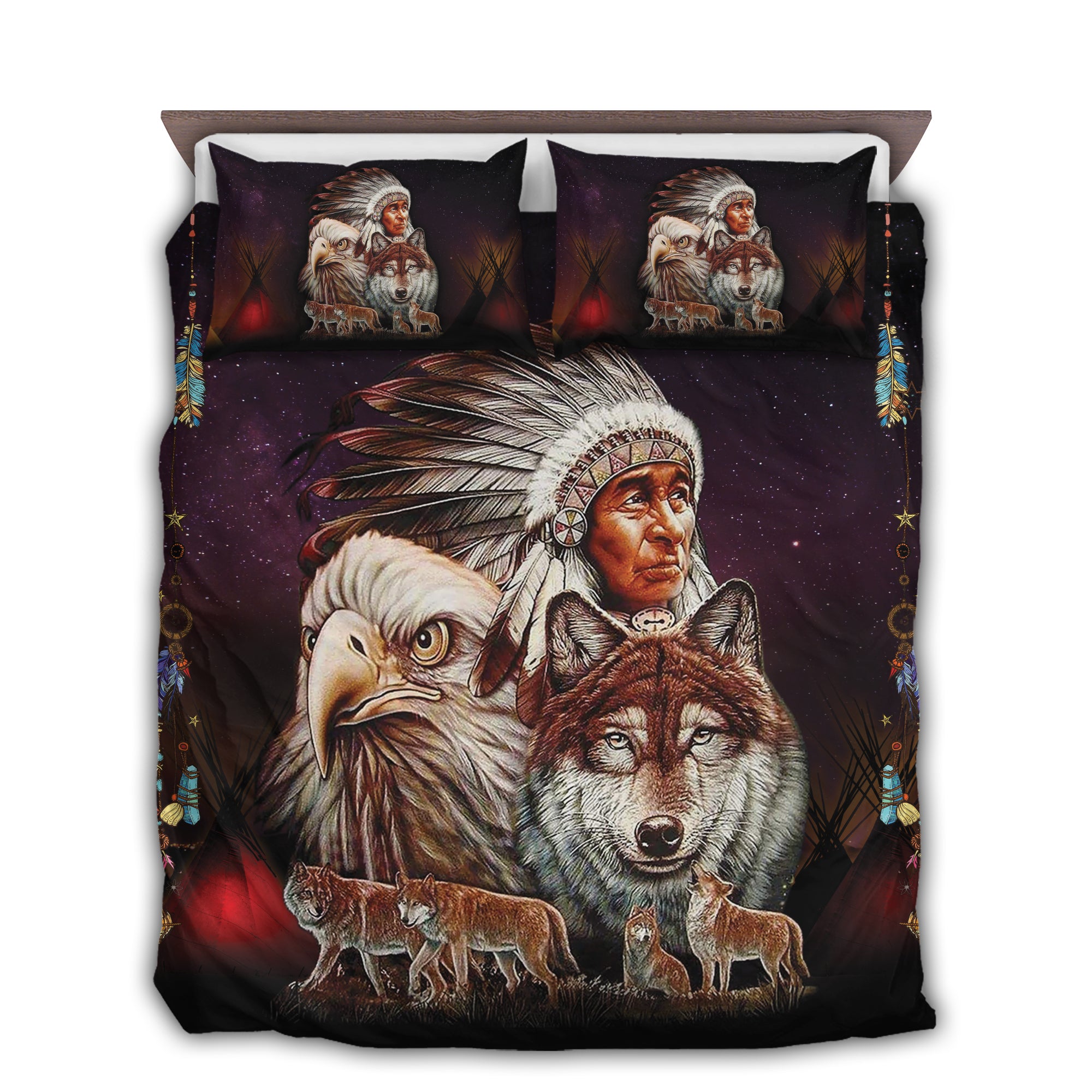 Native American Peace Love Wolf And Eagle - Bedding Cover - Owl Ohh - Owl Ohh