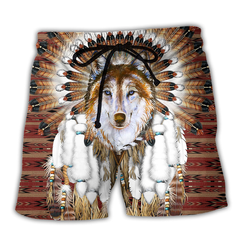 Native American Wolf Feather Headdress - Beach Short - Owl Ohh - Owl Ohh