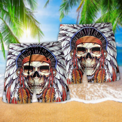 Native Style Love Peace Skull Feather - Beach Short - Owl Ohh - Owl Ohh