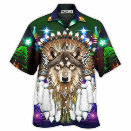 Native Wolf And Merry Christmas Cool - Hawaiian Shirt - Owl Ohh - Owl Ohh