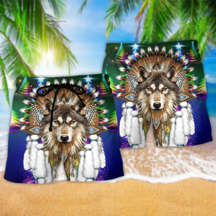 Native Wolf And Merry Christmas Cool Style - Beach Short - Owl Ohh - Owl Ohh