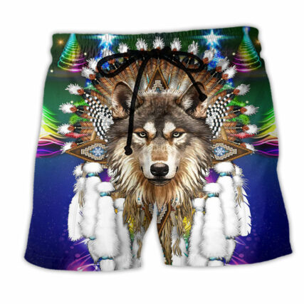 Native Wolf And Merry Christmas Cool Style - Beach Short - Owl Ohh - Owl Ohh