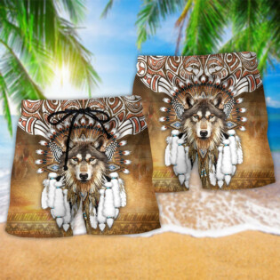 Native Wolf King Feather Style - Beach Short - Owl Ohh - Owl Ohh