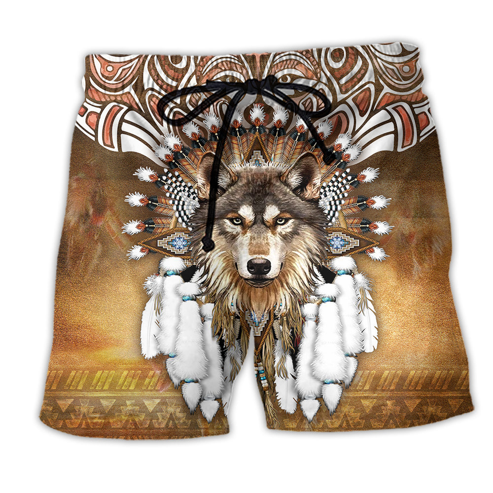 Native Wolf King Feather Style - Beach Short - Owl Ohh - Owl Ohh