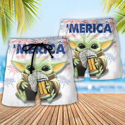 SW Baby Yoda With Beer - Beach Short - Owl Ohh-Owl Ohh