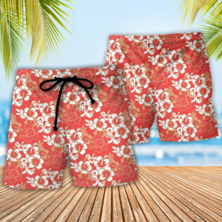 DnD Red Hawaiian Flower Style Pattern - Beach Short - Owl Ohh-Owl Ohh