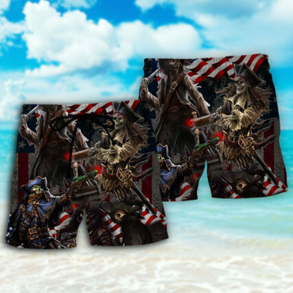 Pirate Skeleton USA Flag Independence Day - Beach Short - Owl Ohh - Owl Ohh