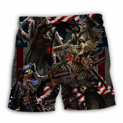 Pirate Skeleton USA Flag Independence Day - Beach Short - Owl Ohh - Owl Ohh
