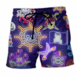 Pirate Work Like A Captain Party Like A Pirate Neon Light - Beach Short - Owl Ohh - Owl Ohh
