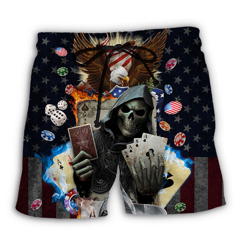 Poker Skull Flame US Flag Independence Day - Beach Short - Owl Ohh - Owl Ohh