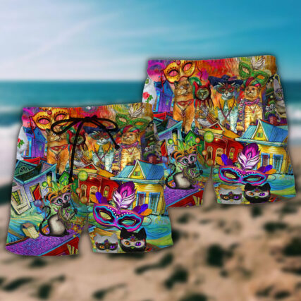 Mardi Gras Prom Lets Go Down Street With Cats Celebrate The Mardi Gras Festival - Beach Short - Owl Ohh - Owl Ohh
