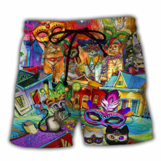 Mardi Gras Prom Lets Go Down Street With Cats Celebrate The Mardi Gras Festival - Beach Short - Owl Ohh - Owl Ohh