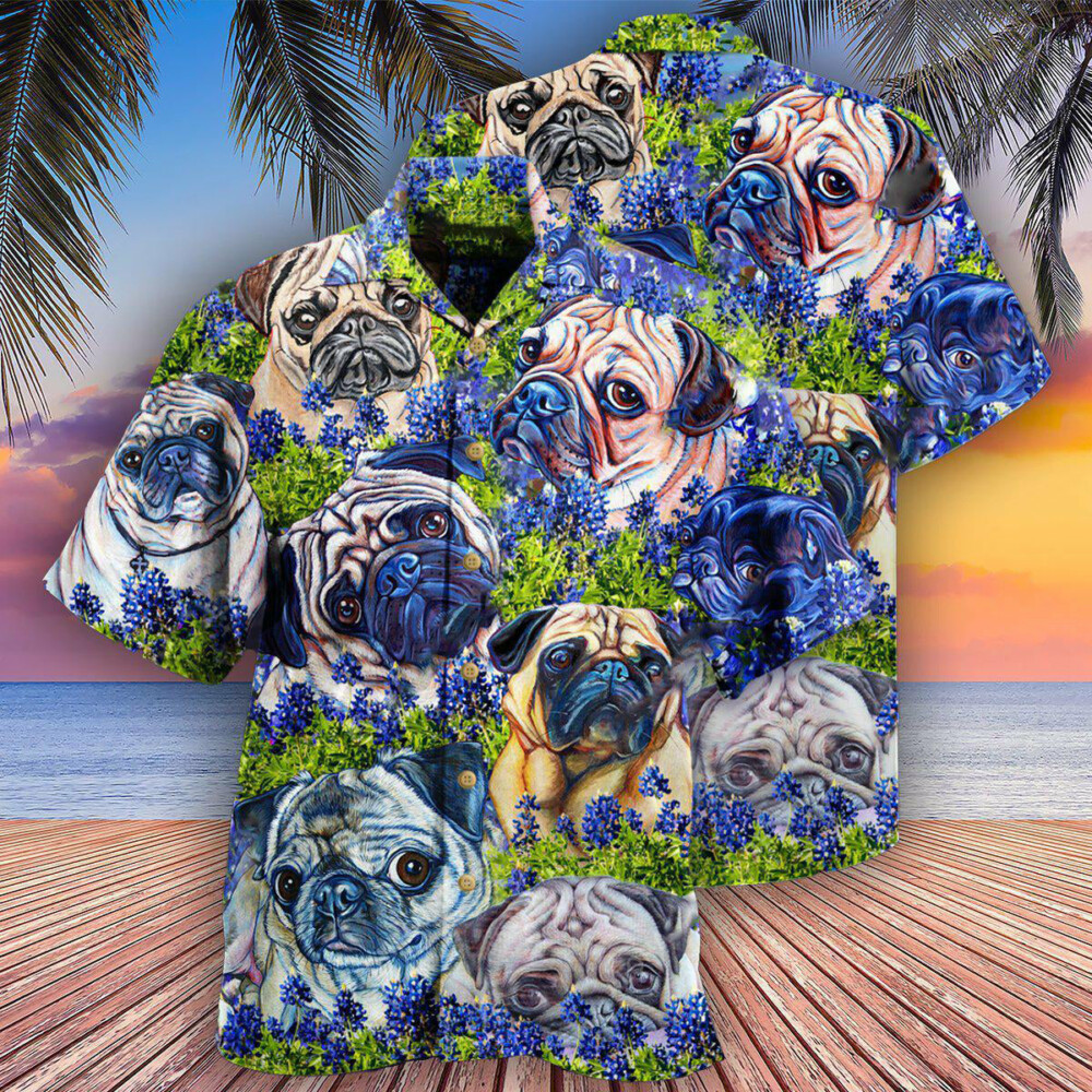 Pug And Beautiful Blue Bonnet - Hawaiian Shirt - Owl Ohh - Owl Ohh