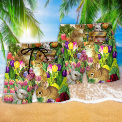 Rabbit Dream And Tulip Garden Happy Easter Lovely Style - Beach Short - Owl Ohh - Owl Ohh