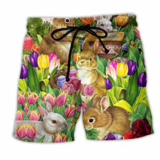 Rabbit Dream And Tulip Garden Happy Easter Lovely Style - Beach Short - Owl Ohh - Owl Ohh