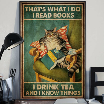 Cat Read Books Drink Tea - Vertical Poster - Owl Ohh - Owl Ohh